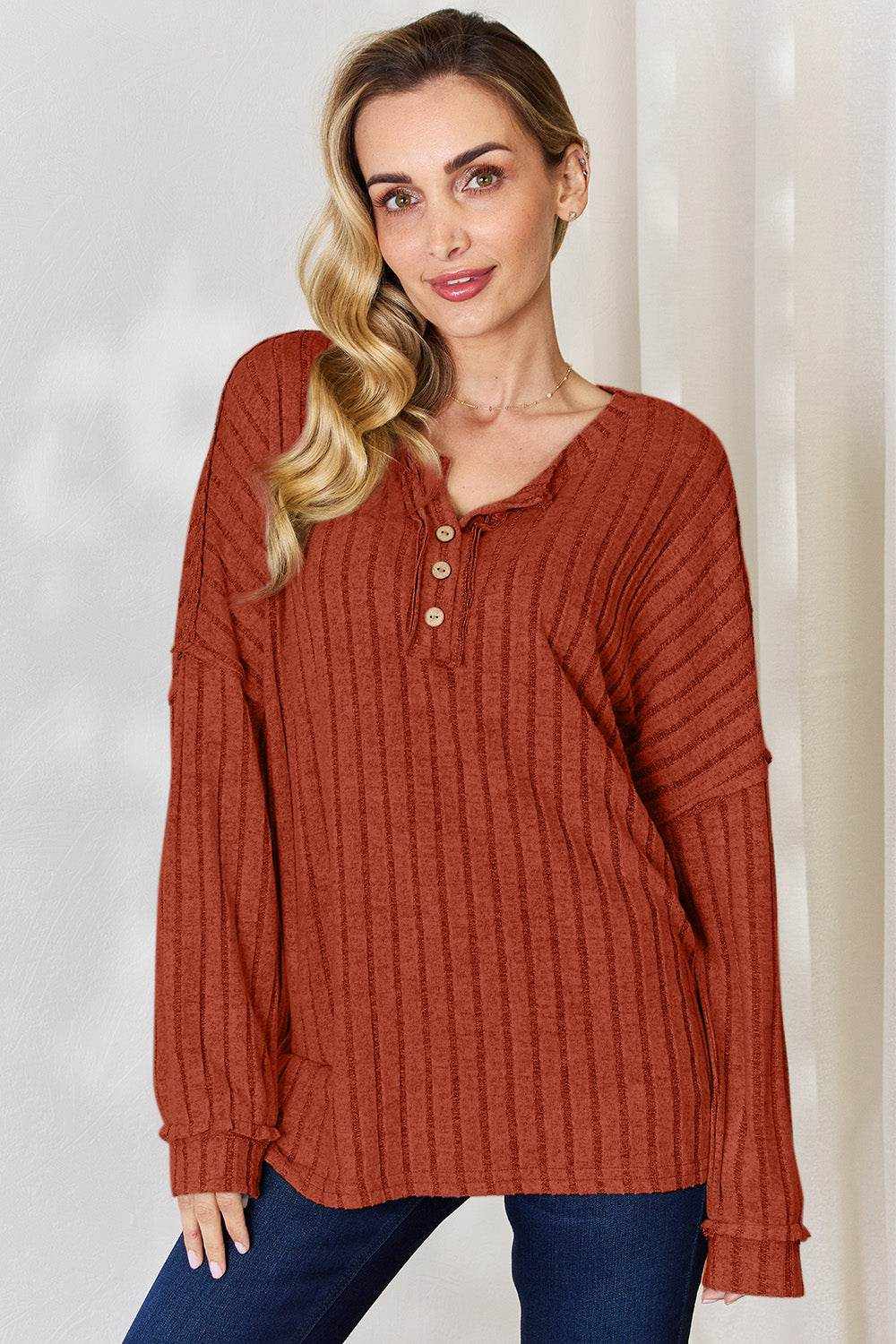 Basic Bae Full Size Ribbed Half Button Long Sleeve T-Shirt - Purcell's Clothing Company