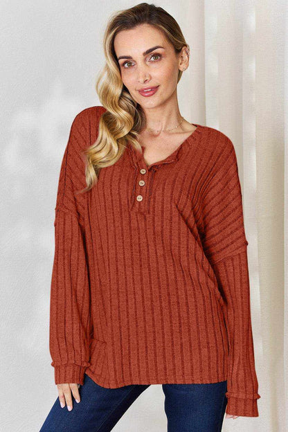 Basic Bae Full Size Ribbed Half Button Long Sleeve T-Shirt - Purcell's Clothing Company