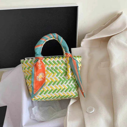 Contrast Woven Handbag with Ribbon - Purcell's Clothing Company
