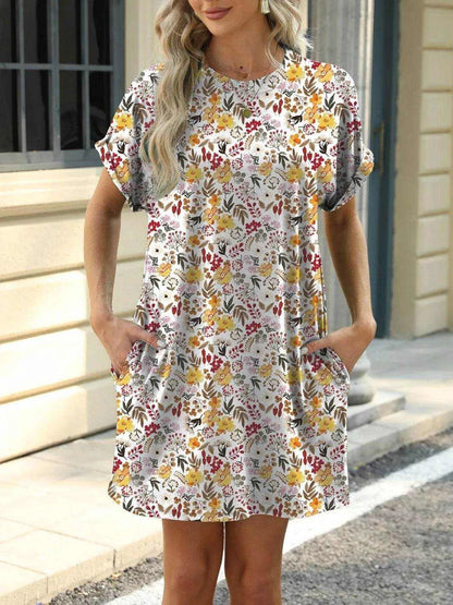 Printed Round Neck Short Sleeve Mini Dress - Purcell's Clothing Company