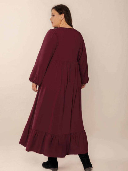 Plus Size Ruffled Hem V-Neck Balloon Sleeve Dress - Purcell's Clothing Company