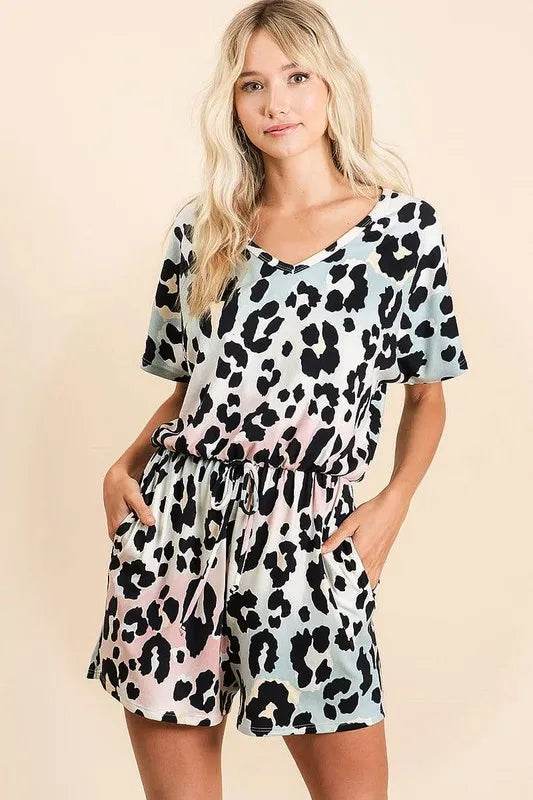 BiBi Gradation Leopard Soft Knit V-neck Romper - Purcell's Clothing Company