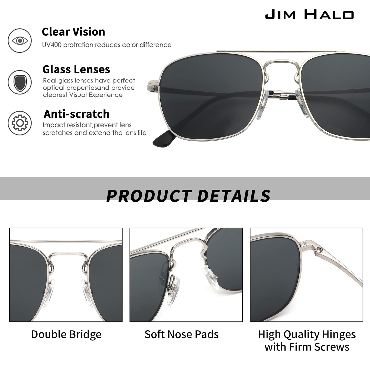 JIM HALO Retro Square Aviator Sunglasses