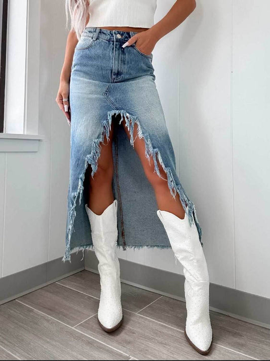 High-Waist Raw Hem Asymmetry Denim Skirt - Purcell's Clothing Company