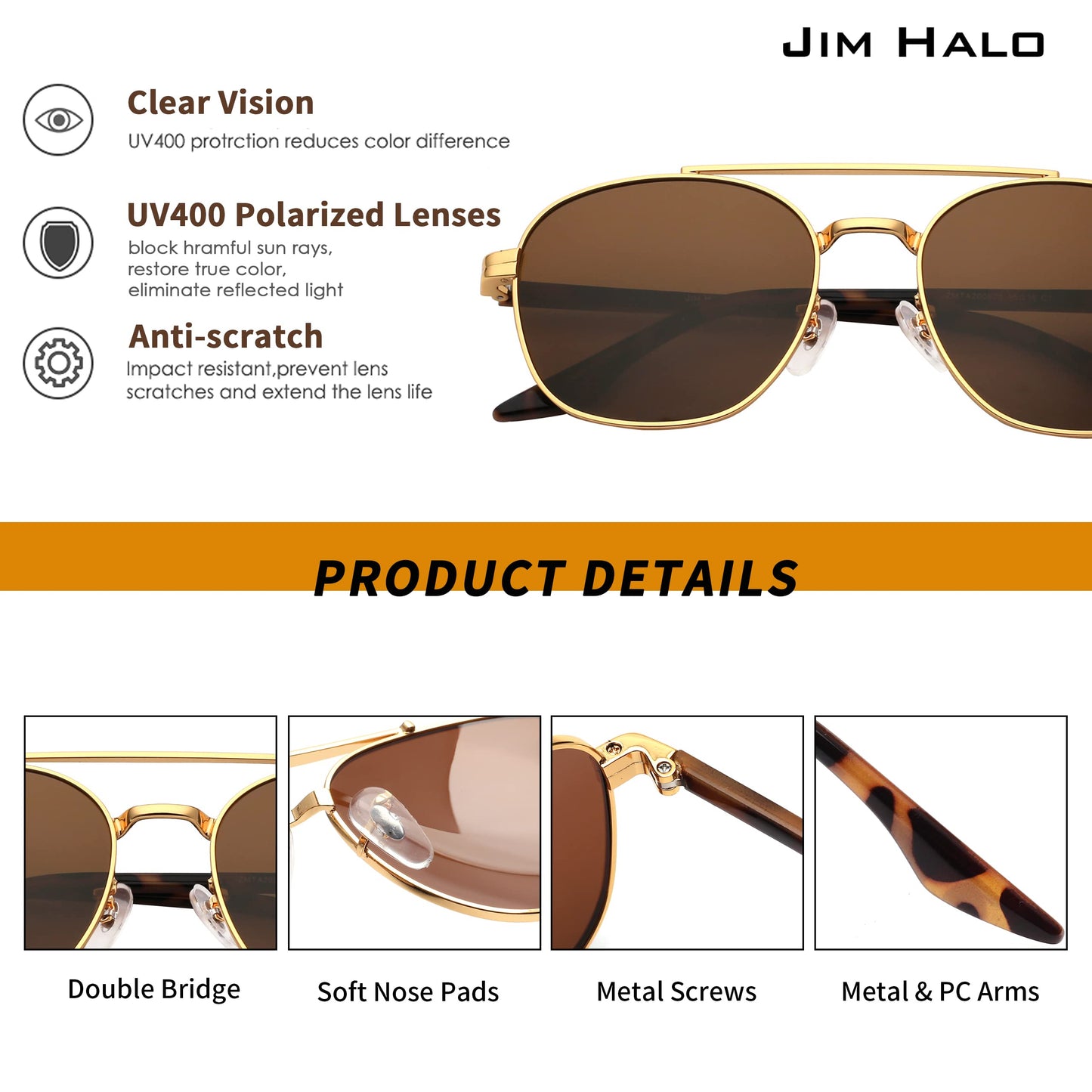 JIM HALO Retro Square Aviator Sunglasses