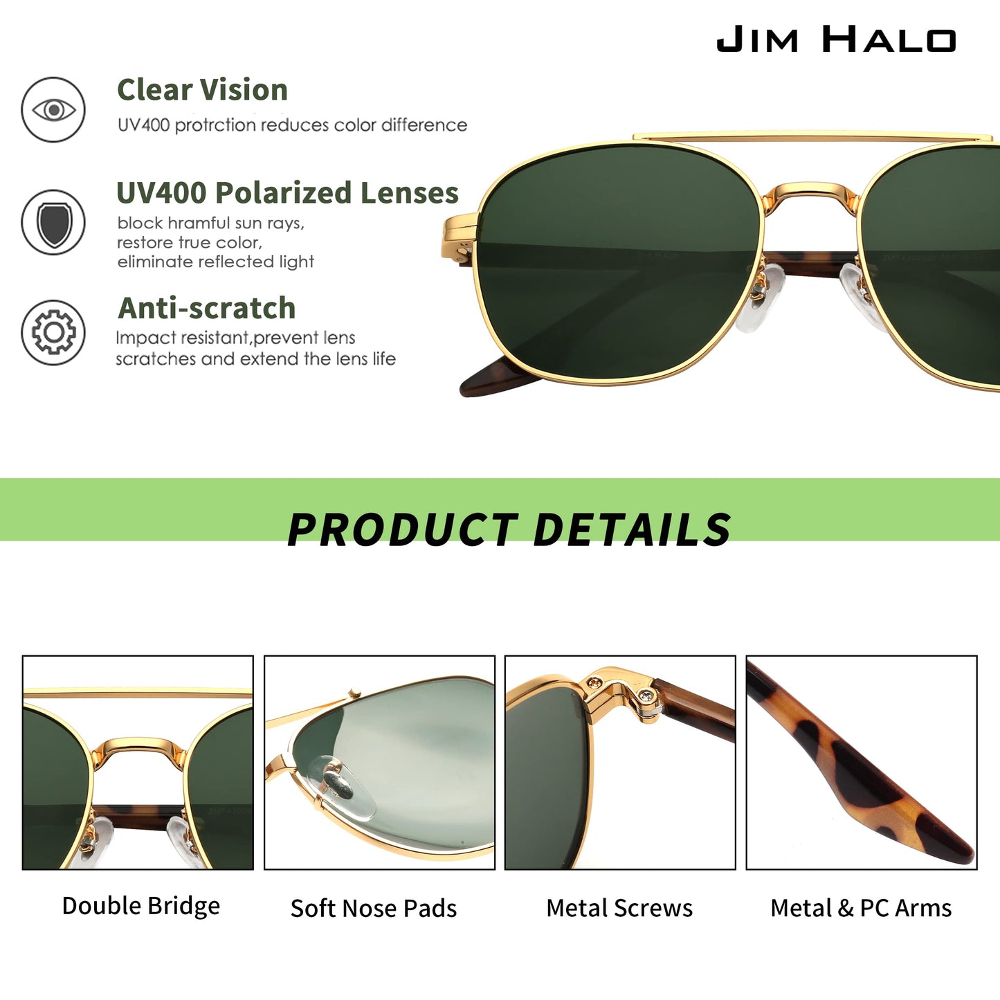 JIM HALO Retro Square Aviator Sunglasses