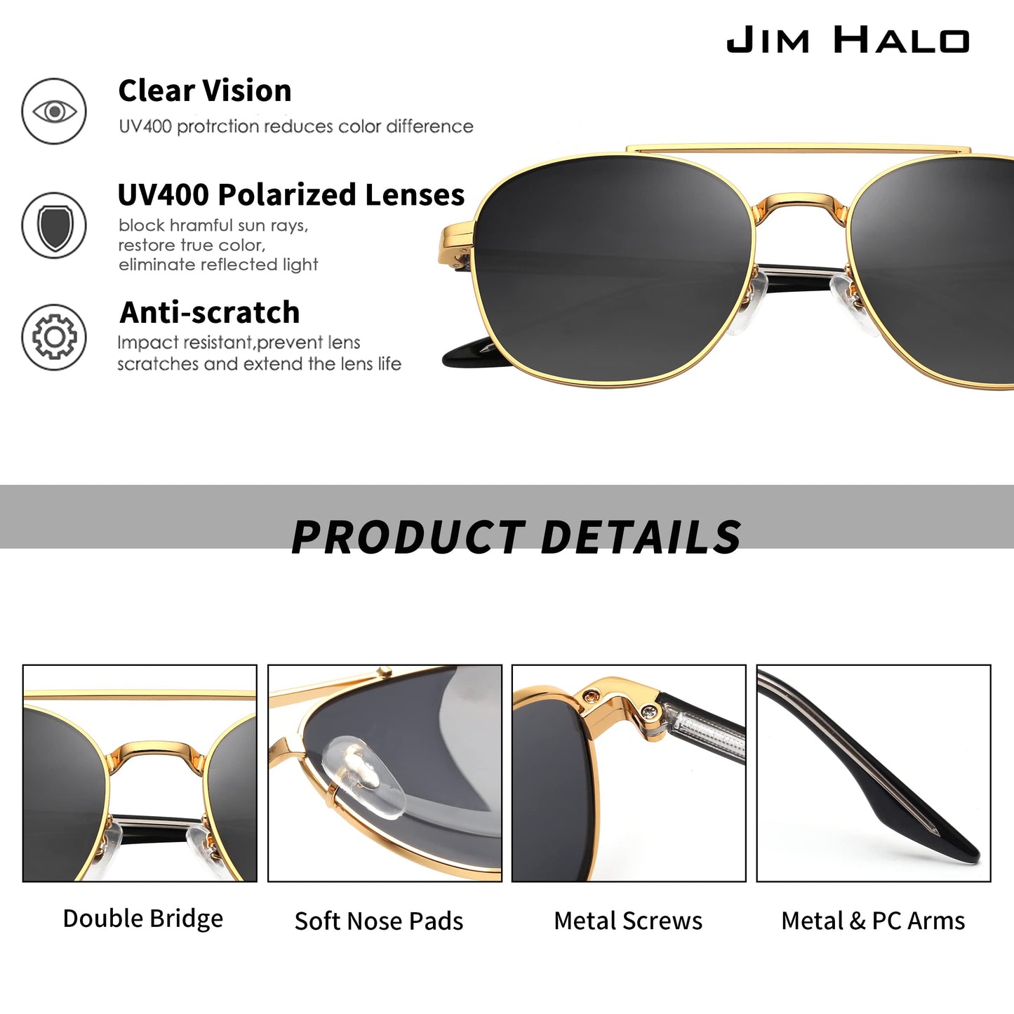 JIM HALO Retro Square Aviator Sunglasses