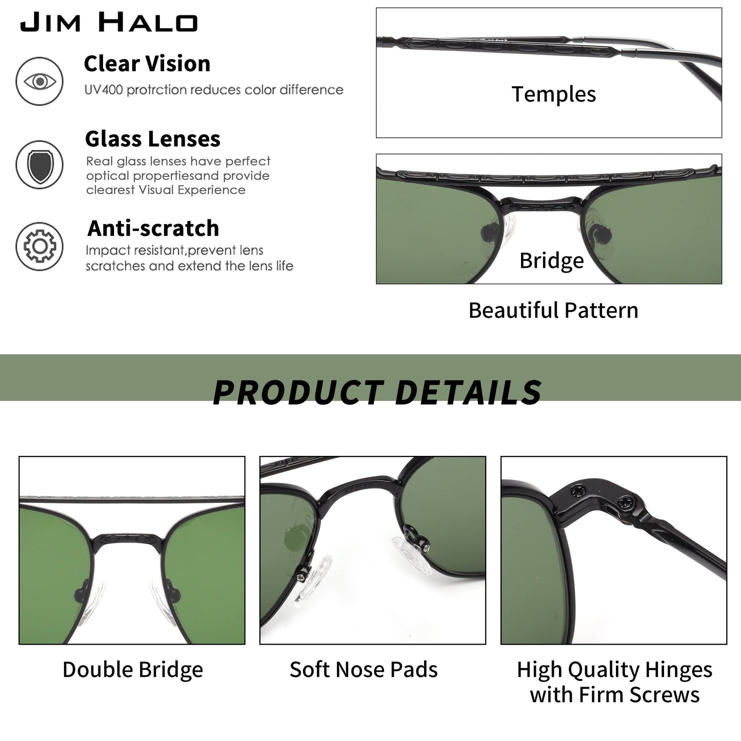 JIM HALO Retro Square Aviator Sunglasses