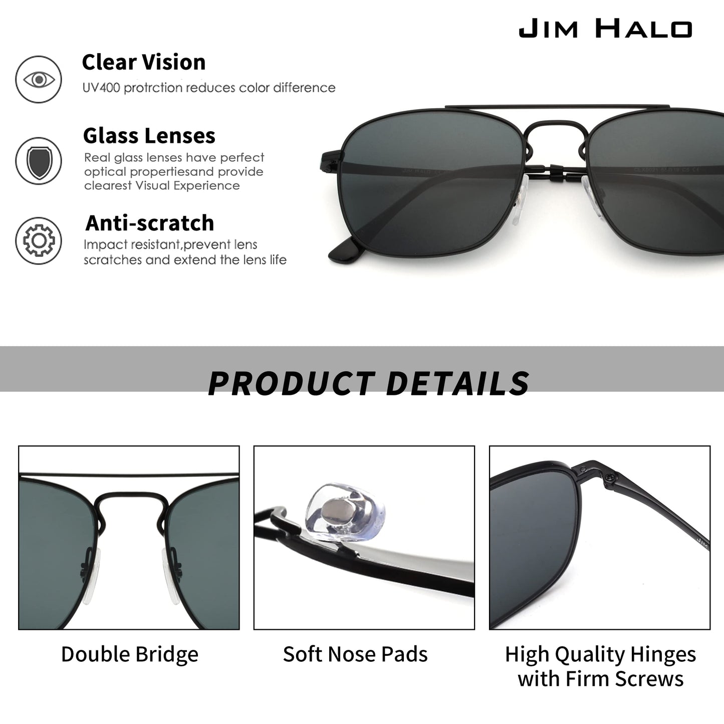 JIM HALO Retro Square Aviator Sunglasses