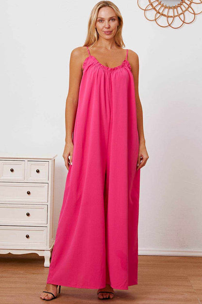 Double Take Full Size Ruffle Trim Tie Back Cami Jumpsuit with Pockets - Purcell's Clothing Company