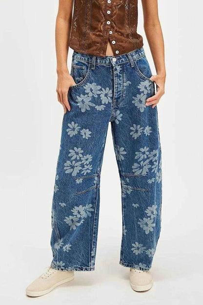 Flower Print Wide Leg Jeans - Purcell's Clothing Company