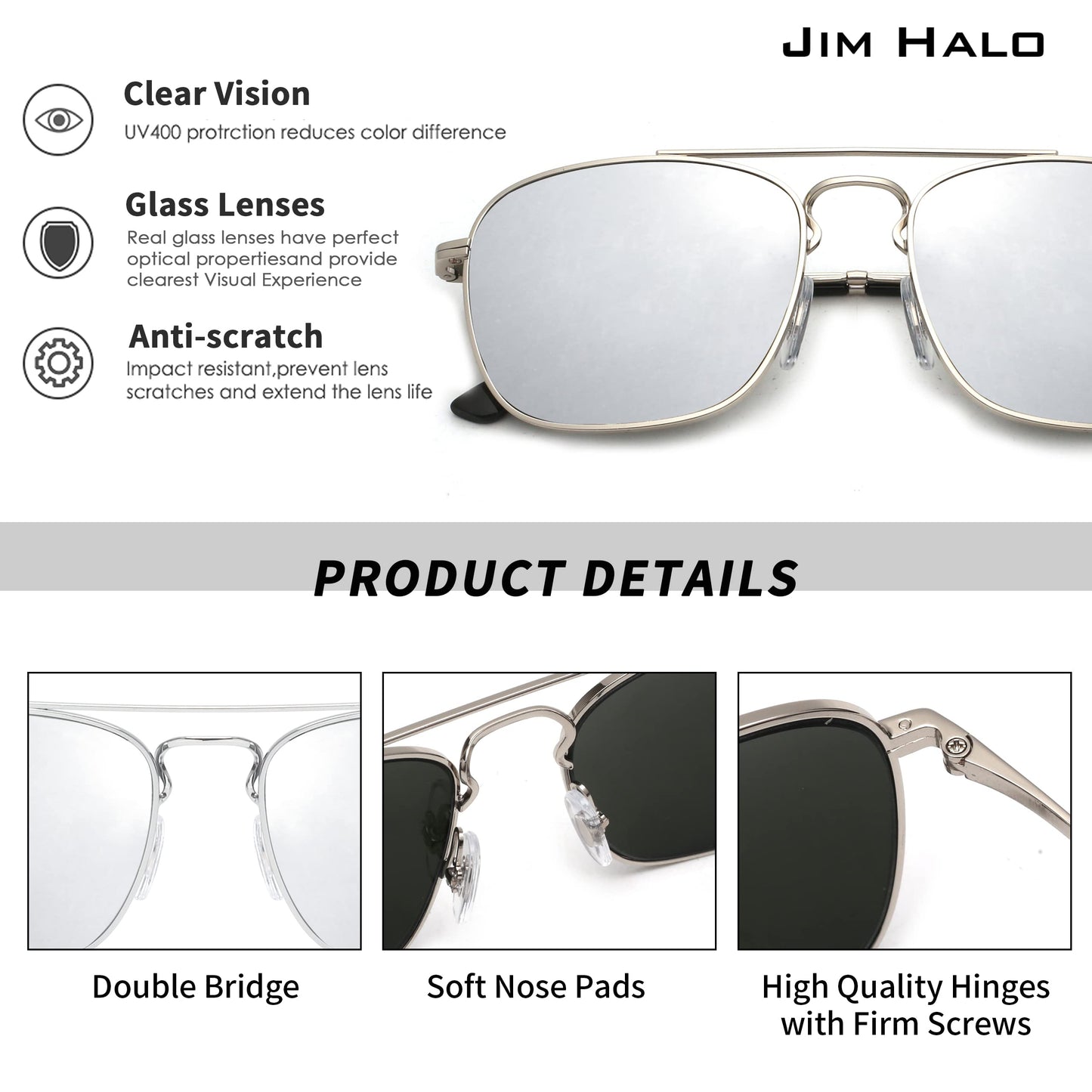 JIM HALO Retro Square Aviator Sunglasses