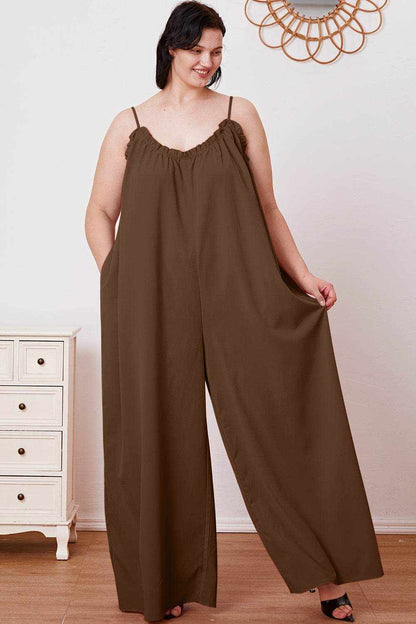 Double Take Full Size Ruffle Trim Tie Back Cami Jumpsuit with Pockets - Purcell's Clothing Company