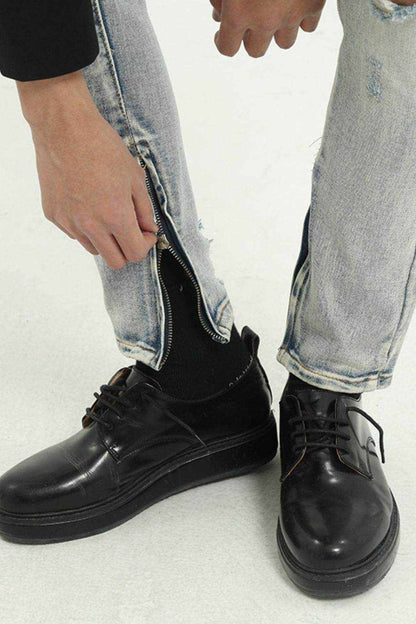 Pocketed Distressed Jeans with Side Zip - Purcell's Clothing Company