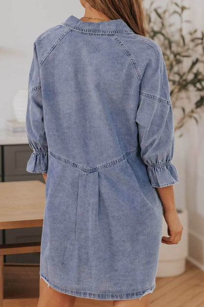 Distressed Collared Neck Flounce Sleeve Denim Dress - Purcell's Clothing Company