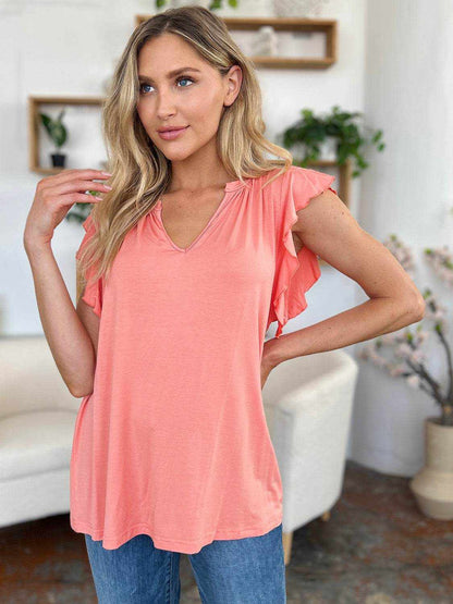 Basic Bae Full Size Bamboo Notched Ruffled Short Sleeve T-Shirt - Purcell's Clothing Company