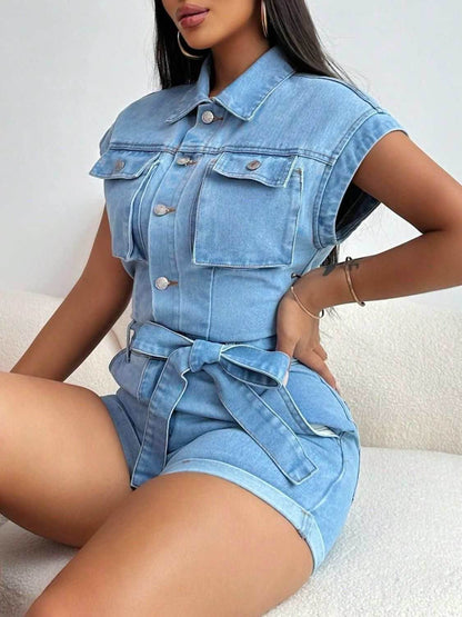 Tie Waist Cap Sleeve Denim Romper - Purcell's Clothing Company