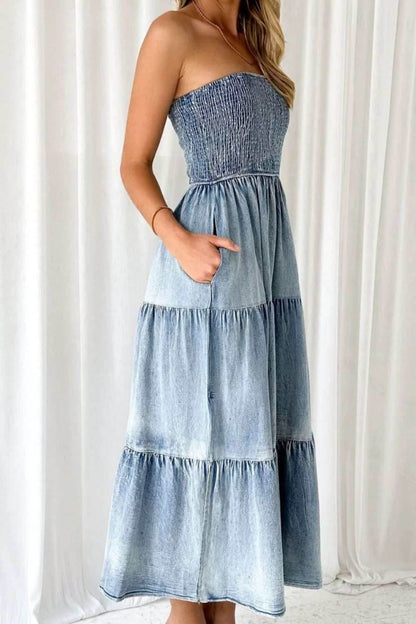 Smocked Tube Slit Tiered Denim Dress - Purcell's Clothing Company