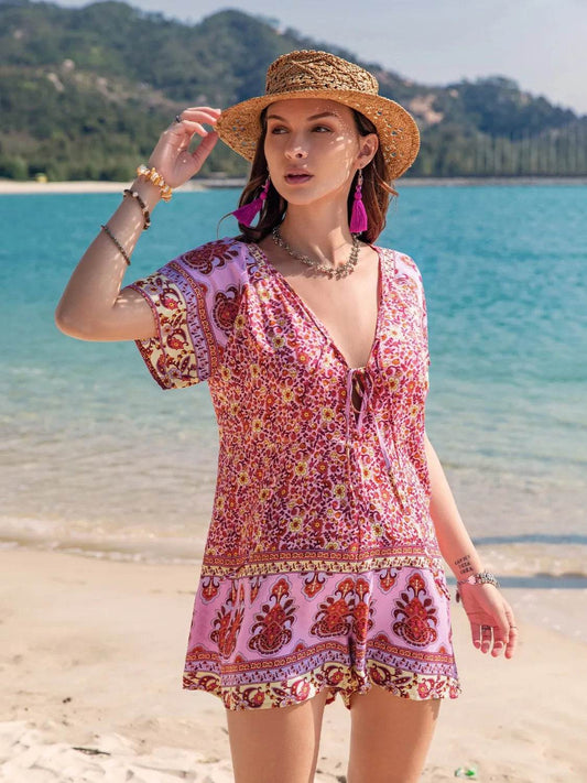 Printed V-Neck Short Sleeve Romper - Purcell's Clothing Company