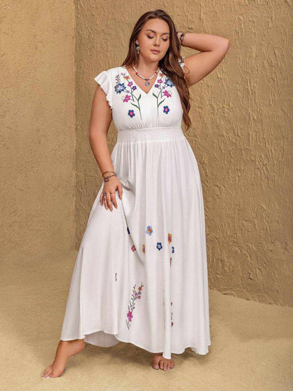 Plus Size Embroidered Floral V-Neck Cap Sleeve Maxi Dress - Purcell's Clothing Company
