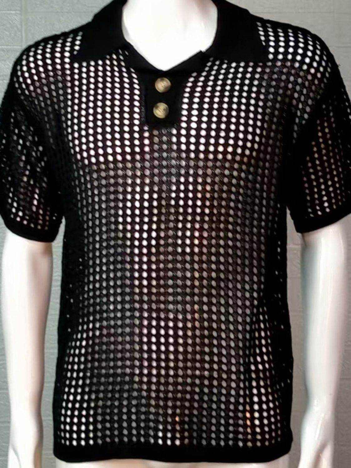 Men's Plus Size Openwork Collared Neck Quarter Button Knit Polo - Purcell's Clothing Company