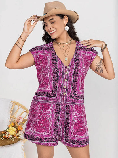 Plus Size Printed V-Neck Cap Sleeve Romper - Purcell's Clothing Company