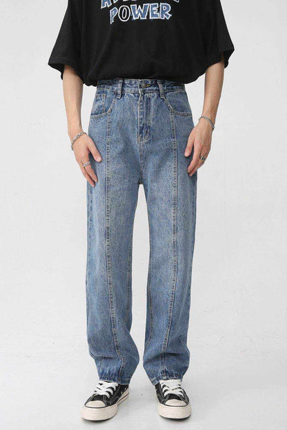 Men's washed splicing straight leg jeans in blue cotton blend with basic style and no stretch