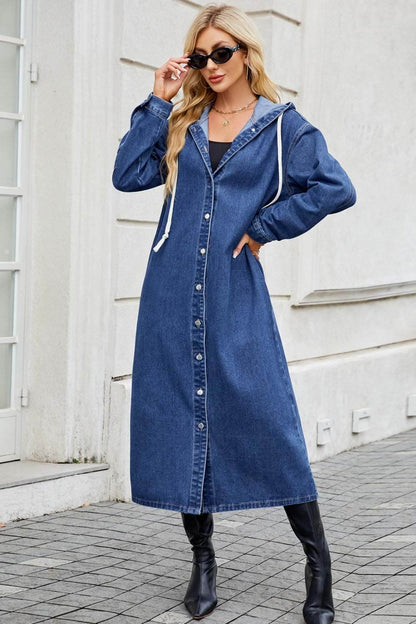 Button Up Long Sleeve Longline Hooded Denim Outerwear - Purcell's Clothing Company