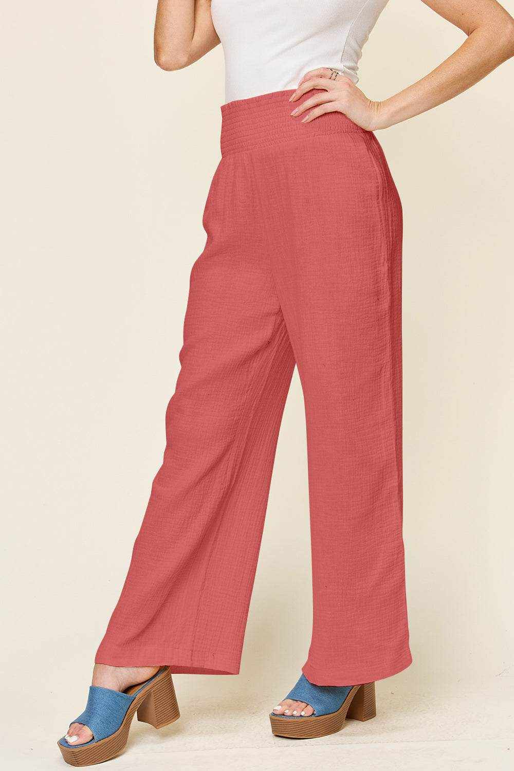 Double Take Full Size Texture Smocked Waist Wide Leg Pants - Purcell's Clothing Company