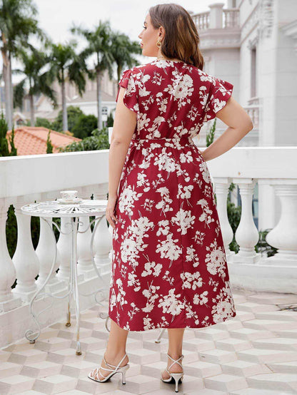 Honey Plus Size Floral Tie Waist Surplice Neck Midi Dress - Purcell's Clothing Company