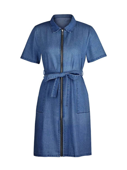 Full Size Zip Front Short Sleeve Denim Dress Plus Size - Purcell's Clothing Company