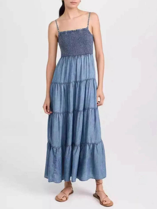 Smocked Square Neck Tiered Denim Cami Dress with Adjustable Shoulder Straps - Purcell's Clothing Company