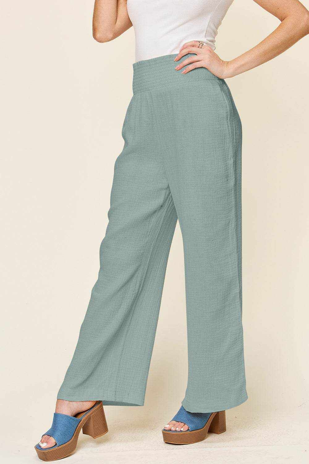 Double Take Full Size Texture Smocked Waist Wide Leg Pants - Purcell's Clothing Company