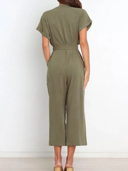 Notched Short Sleeve Tie Waist Jumpsuit - Purcell's Clothing Company
