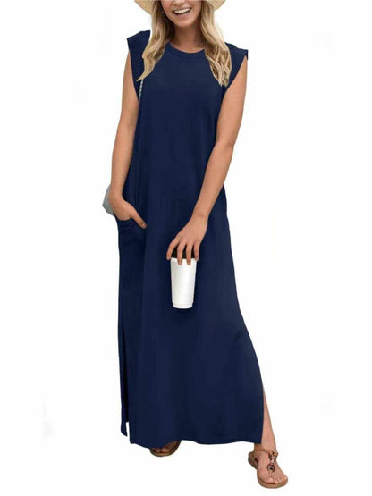 Full Size Slit Round Neck Sleeveless Maxi Tank Dress Plus Size - Purcell's Clothing Company