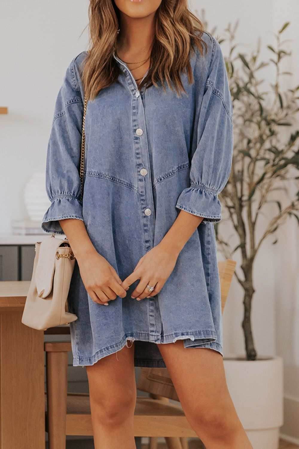 Distressed Collared Neck Flounce Sleeve Denim Dress - Purcell's Clothing Company