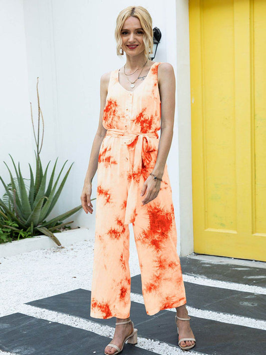 Ivy Lane Tie-Dye Tie Waist Sleeveless Jumpsuit - Purcell's Clothing Company