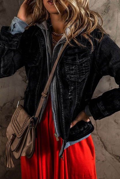 Fake Two-Piece Hooded Zip-Up Denim Jacket - Purcell's Clothing Company
