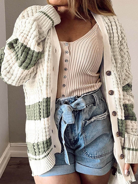 Plus Size Striped Button Up Dropped Shoulder Cardigan - Purcell's Clothing Company