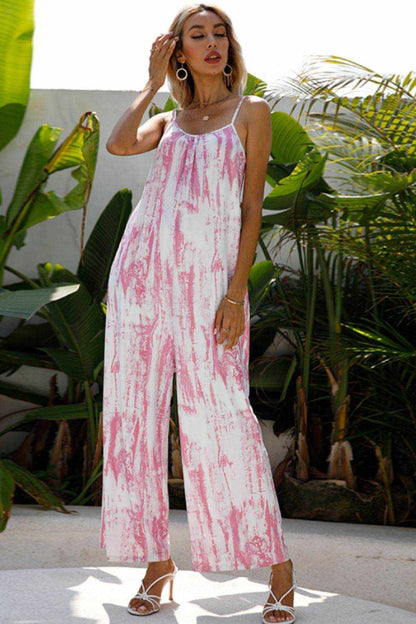 Shiny Tie-Dye Spaghetti Strap Jumpsuit with Pockets - Purcell's Clothing Company