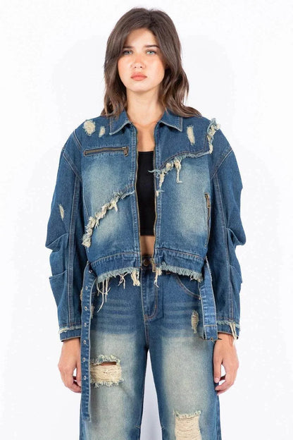 American Bazi Full Size Distressed Frayed Edge Zip Up Denim Jacket Plus Size - Purcell's Clothing Company
