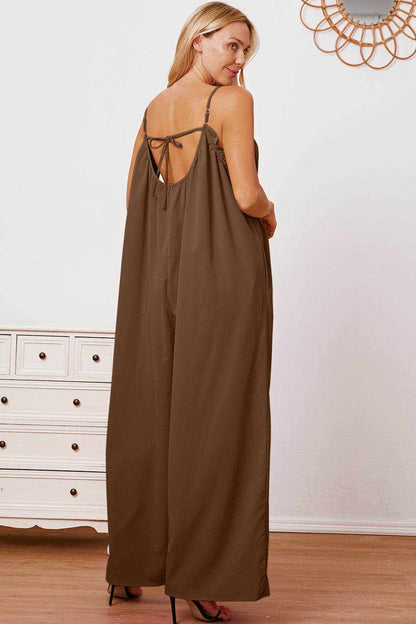 Double Take Full Size Ruffle Trim Tie Back Cami Jumpsuit with Pockets - Purcell's Clothing Company
