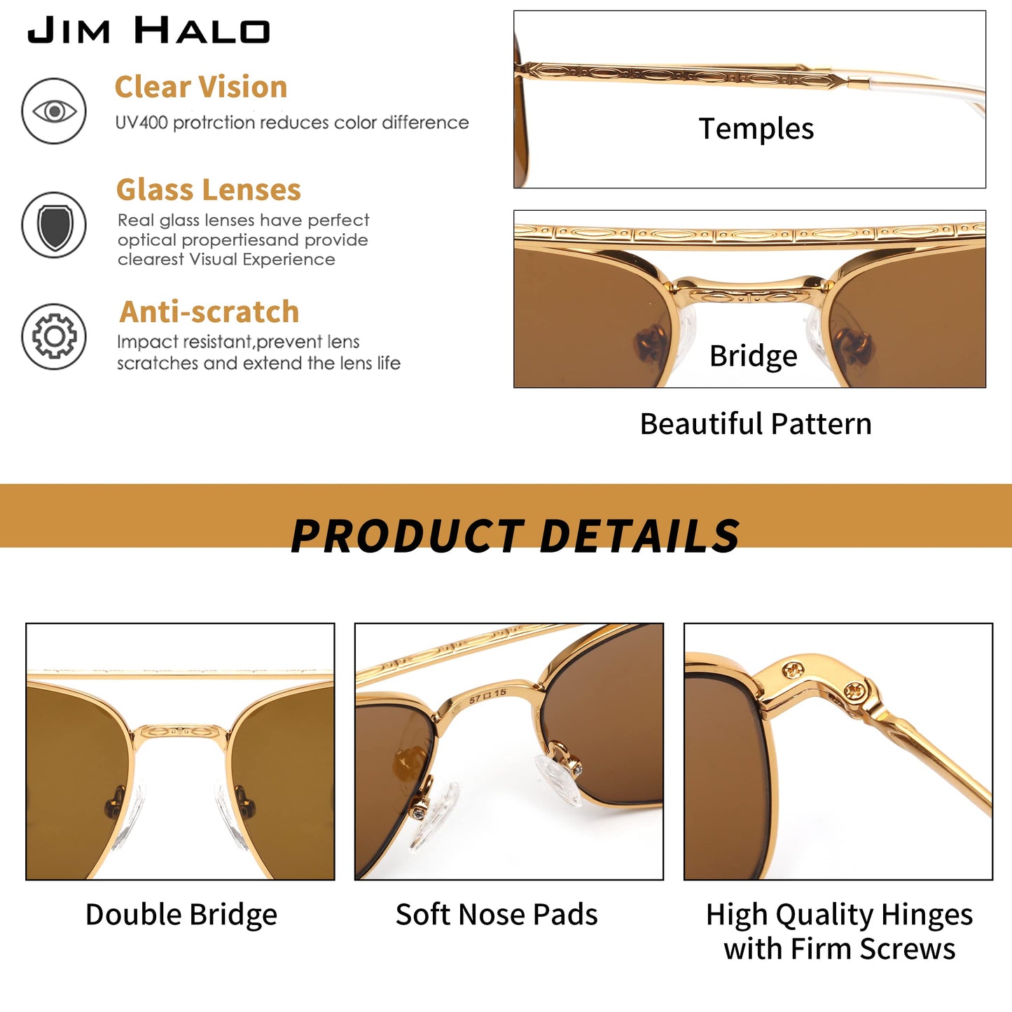 JIM HALO Retro Square Aviator Sunglasses