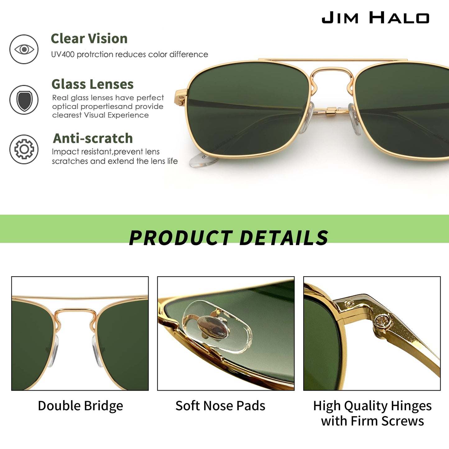 JIM HALO Retro Square Aviator Sunglasses