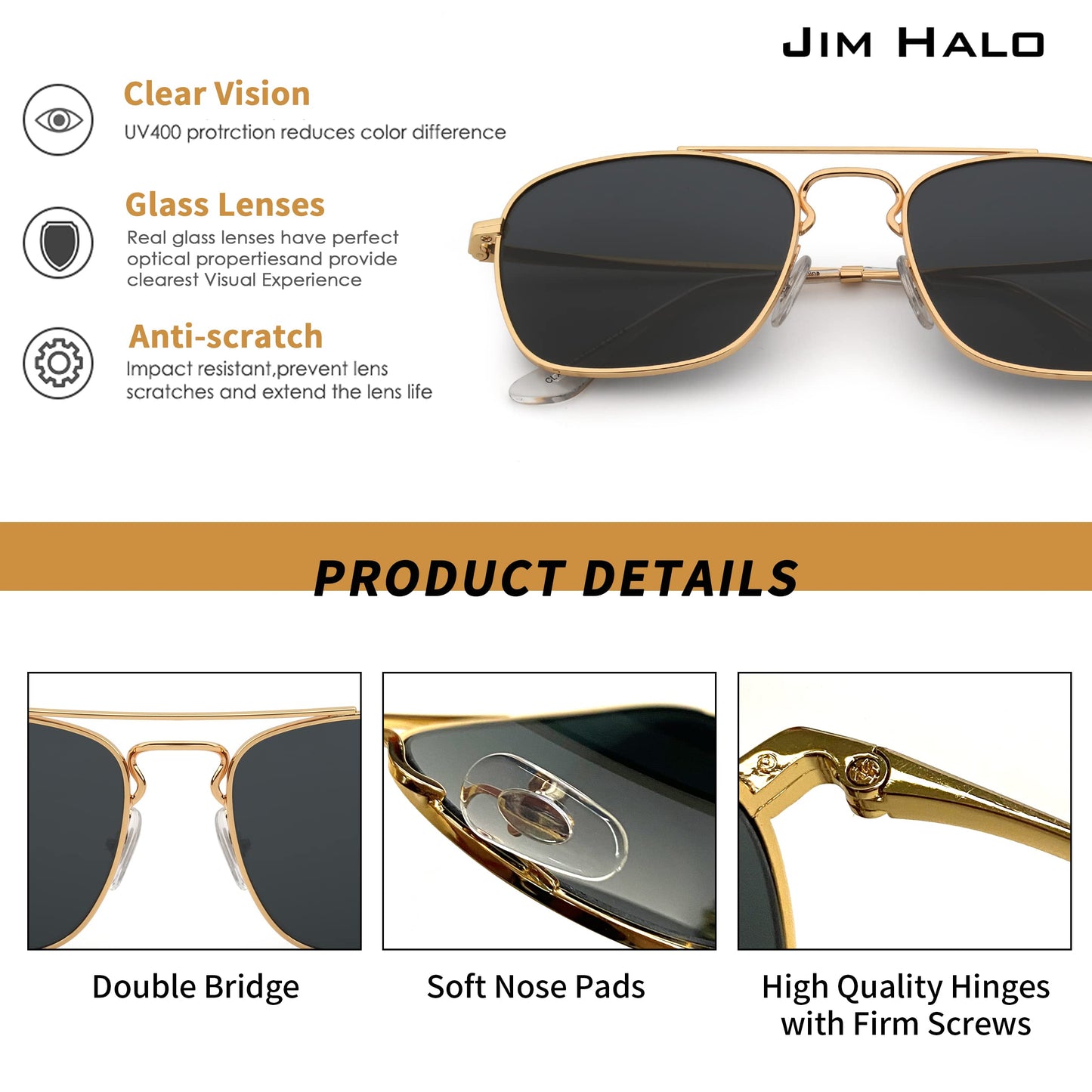 JIM HALO Retro Square Aviator Sunglasses