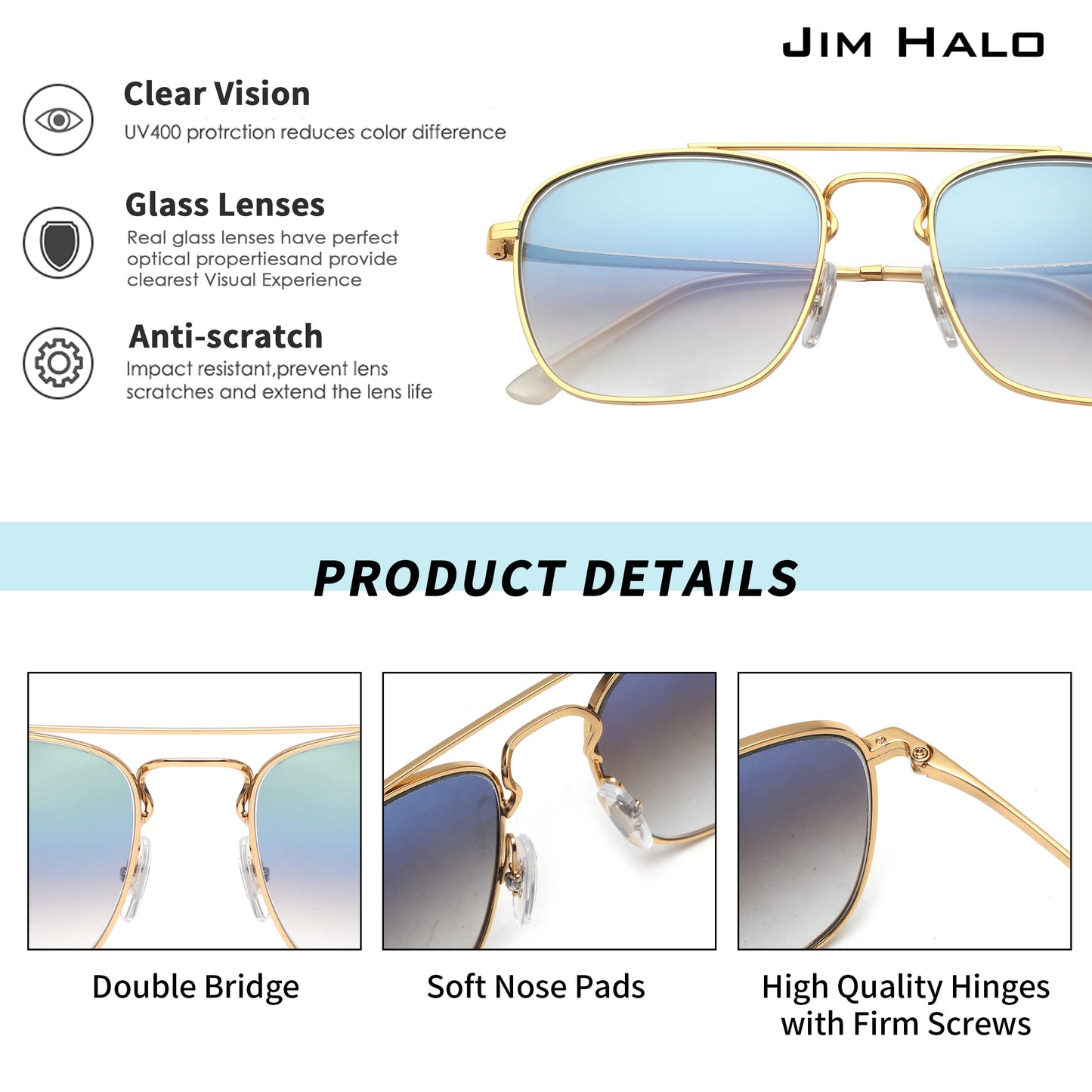 JIM HALO Retro Square Aviator Sunglasses