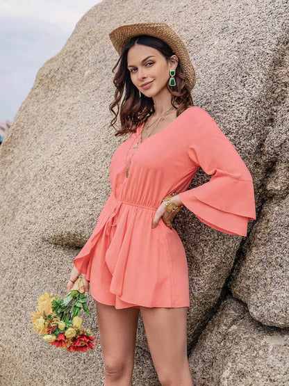 Ruffled V-Neck Long Sleeve Romper - Purcell's Clothing Company