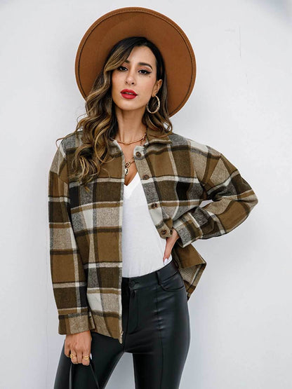 Shiny Plaid Button Up Collared Neck Jacket - Purcell's Clothing Company