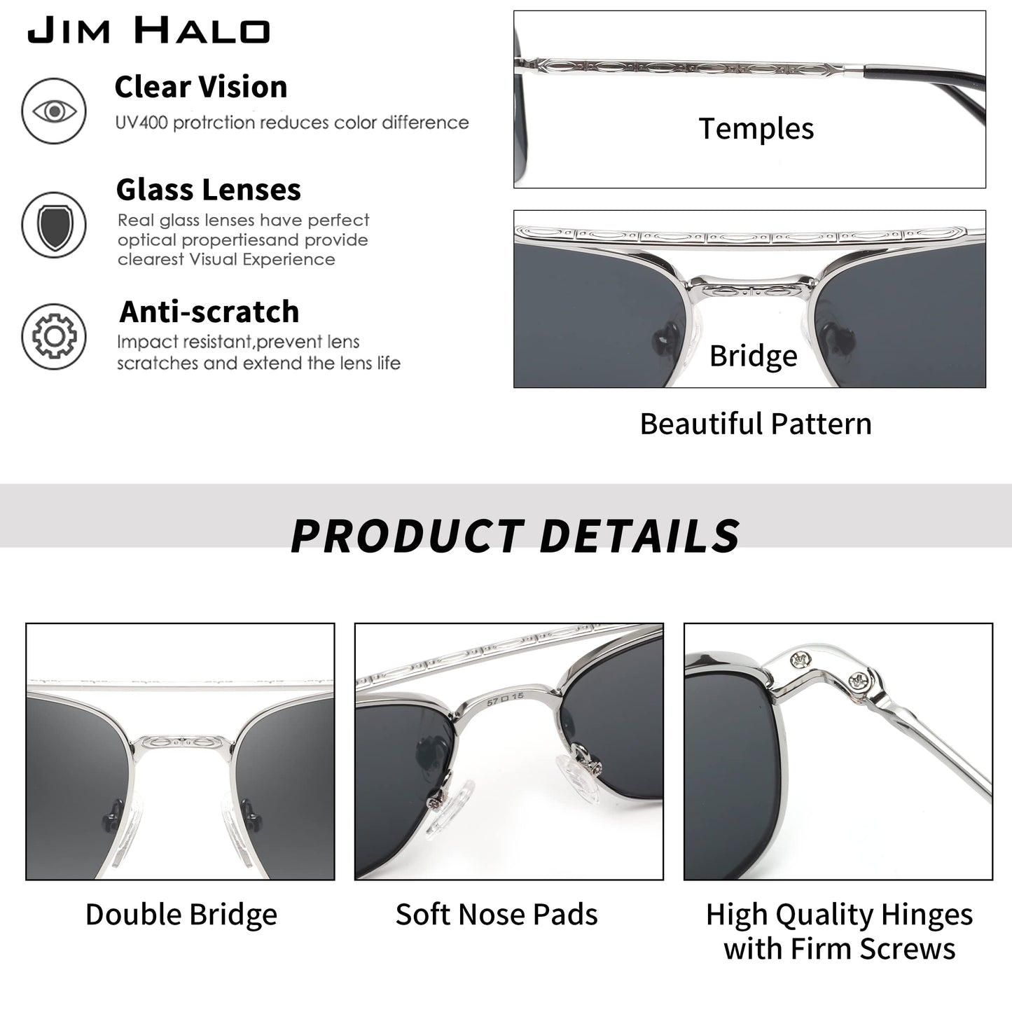 JIM HALO Retro Square Aviator Sunglasses