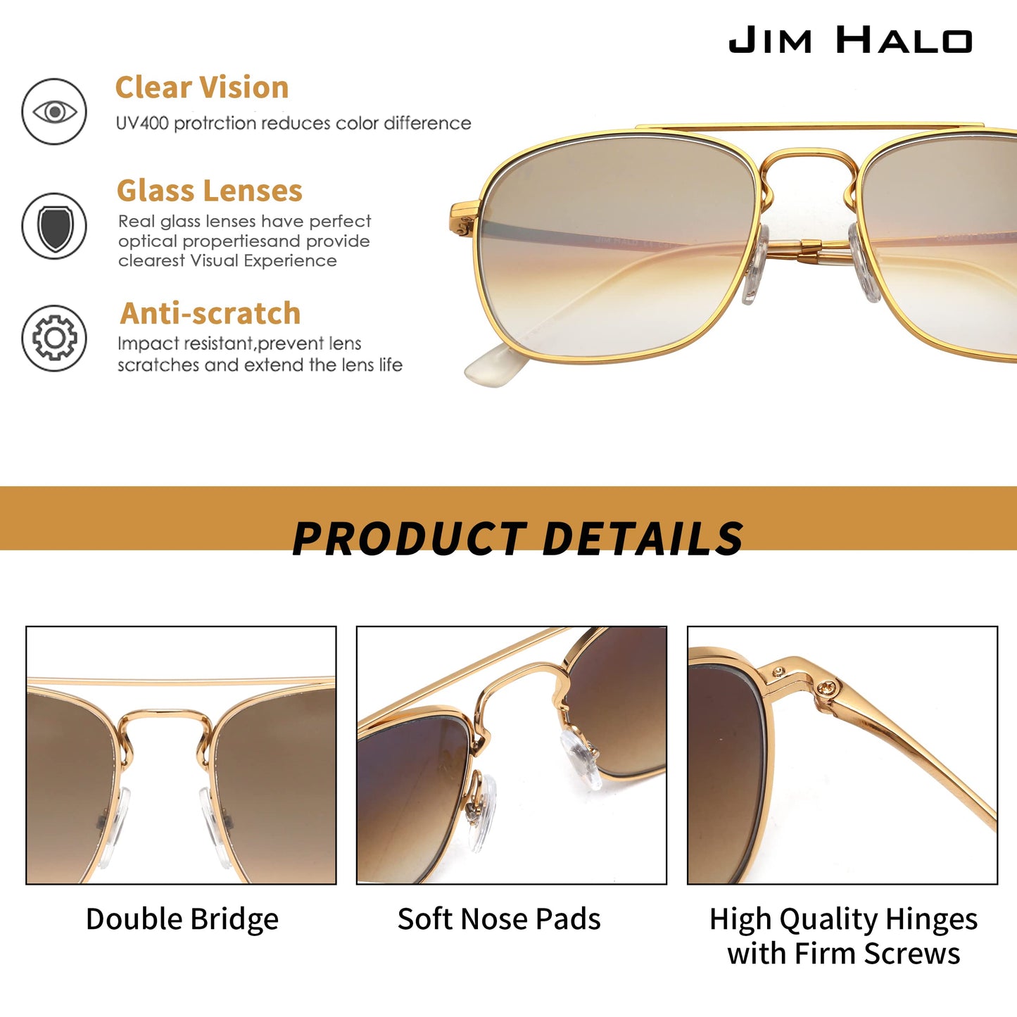 JIM HALO Retro Square Aviator Sunglasses